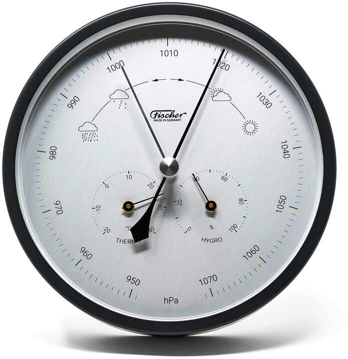 ZEIT Sonderedition »Wetterstation Edelstahl« mit rundem Zifferblatt, eingebauten Barometer, Hygrometer und Thermometer. Edelstahlgehäuse mit silberner, schwarzer und weißer Farbgebung.