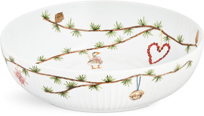Weiße Weihnachtsschale »Hammershøi« mit weihnachtlichen Motiven wie grünen Zweigen, roten Herzen, blauen Glocken und kleinen Figuren.