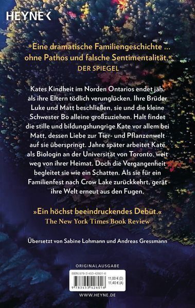 Buchumschlag von 'Mary Lawson: Rückkehr nach Crow Lake' mit blauer Landschaft und gelben Schriftzügen. Oben links steht 'Heyne'. Textbesprechungen und weitere Informationen auf der Rückseite.