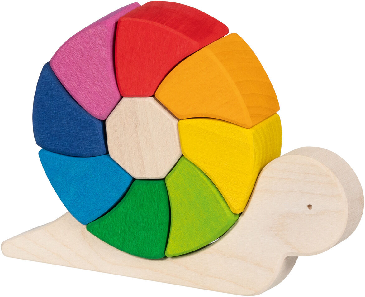 Bunte, schneckenförmige Holzbausteine in verschiedenen Farben, die zu einer Schnecke zusammengesetzt sind, geeignet für Kinder.