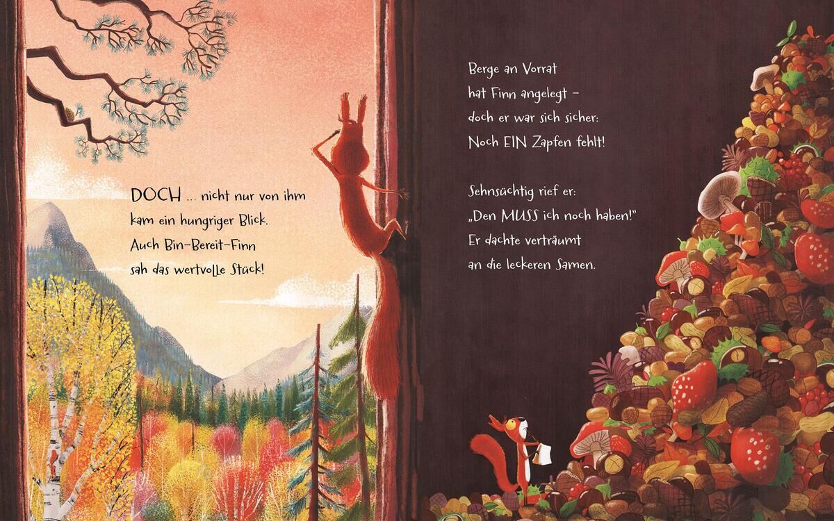 Dieses Bild zeigt eine farbenfrohe Illustration aus dem Kinderbuch 'Die Streithörnchen'. Zwei Eichhörnchen sind im Herbstwald dargestellt, das eine klettert einen Baum hinauf, das andere sitzt auf einem großen Haufen Nüsse. Im Hintergrund sind Berge und bunte Bäume zu sehen. Der Text auf der rechten Seite enthält einen poetischen Dialog zwischen den beiden Eichhörnchen.