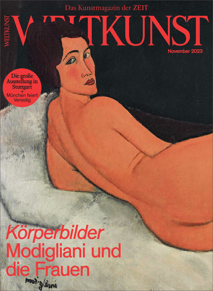 Cover des Kunstmagazins WELTKUNST, Ausgabe November 2023. Das zentrale Bild zeigt ein Porträt einer liegenden nackten Frau, gezeichnet von Amedeo Modigliani. Oben links sind die Wörter 'Das große Ausstellung in Stuttgart' und 'München feiert Venedig' zu sehen. Der Titel der Ausgabe lautet 'Körperbilder Modigliani und die Frauen'.