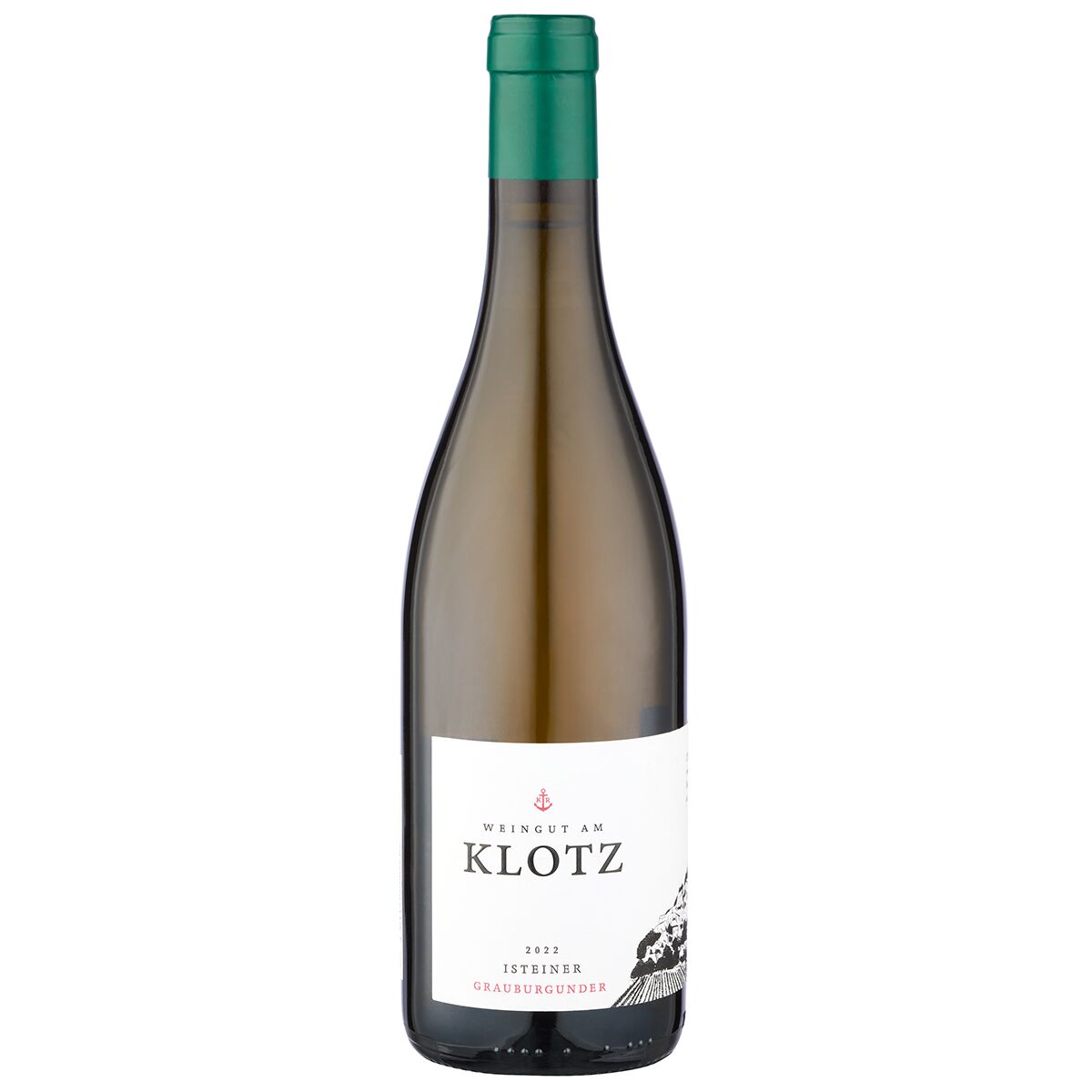 Flasche ZEIT-Weinedition »Baden« aus dem Jahrgang 2022 vom Weingut am Klotz. Der Weißwein Grauburgunder steht aufrecht, hat ein grünes Flaschenhals-Siegel, ein weißes Etikett mit schwarzer und goldener Schrift sowie grafischen Akzenten. Geeignet als Geschenk oder zum Genuss bei besonderen Anlässen.