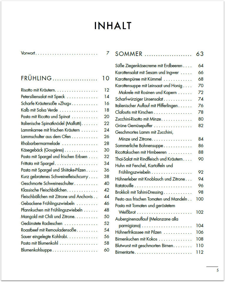Inhaltsverzeichnis des Kochbuchs »Das Beste vom Wochenmarkt«, aufgeführt sind Rezepte für die Jahreszeiten Frühling und Sommer.