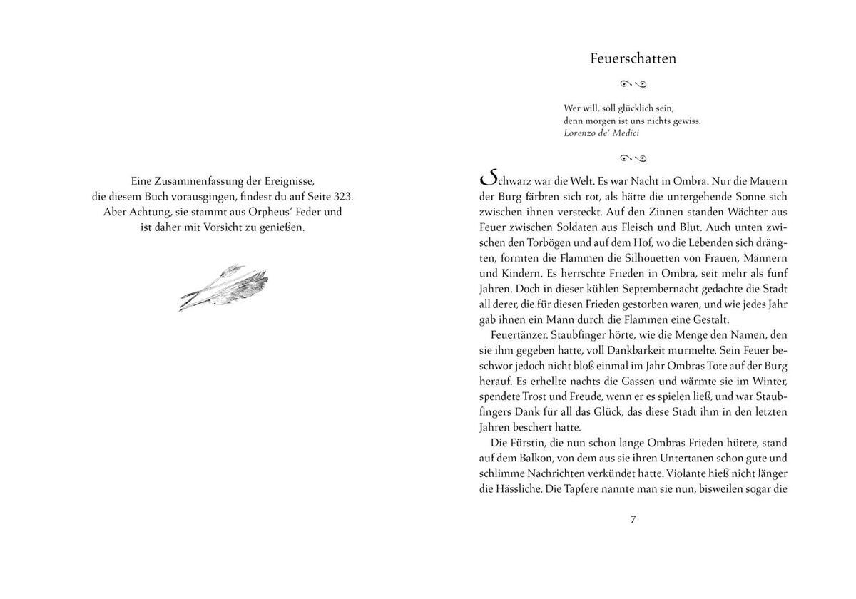 Buchseite aus 'Tintenwelt 4' von Cornelia Funke mit dem Titel 'Feuerschatten', die Text und eine kleine Federzeichnung zeigt.