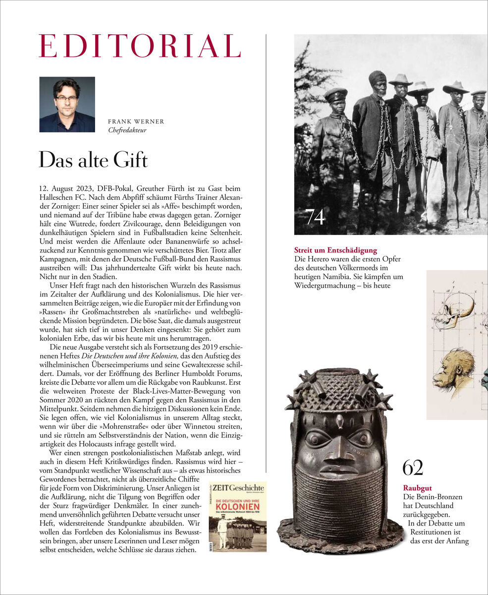 Cover und Seite der Zeitschrift ZEIT GESCHICHTE 5/23 mit dem Titel 'Der deutsche Kolonialismus'. Das Bild enthält einen Artikel von Frank Werner, historische Fotos und einen Helm aus der deutschen Kolonialzeit in Afrika.