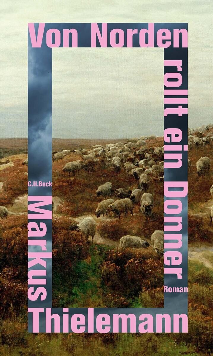 Buchcover von 'Von Norden rollt ein Donner' von Markus Thielemann. Das Cover zeigt eine weite Landschaft mit Schafen auf einer grünen Wiese unter bewölktem Himmel. Der Titel des Buches ist in rosa vertikaler und horizontaler Schrift auf dem Bild platziert.