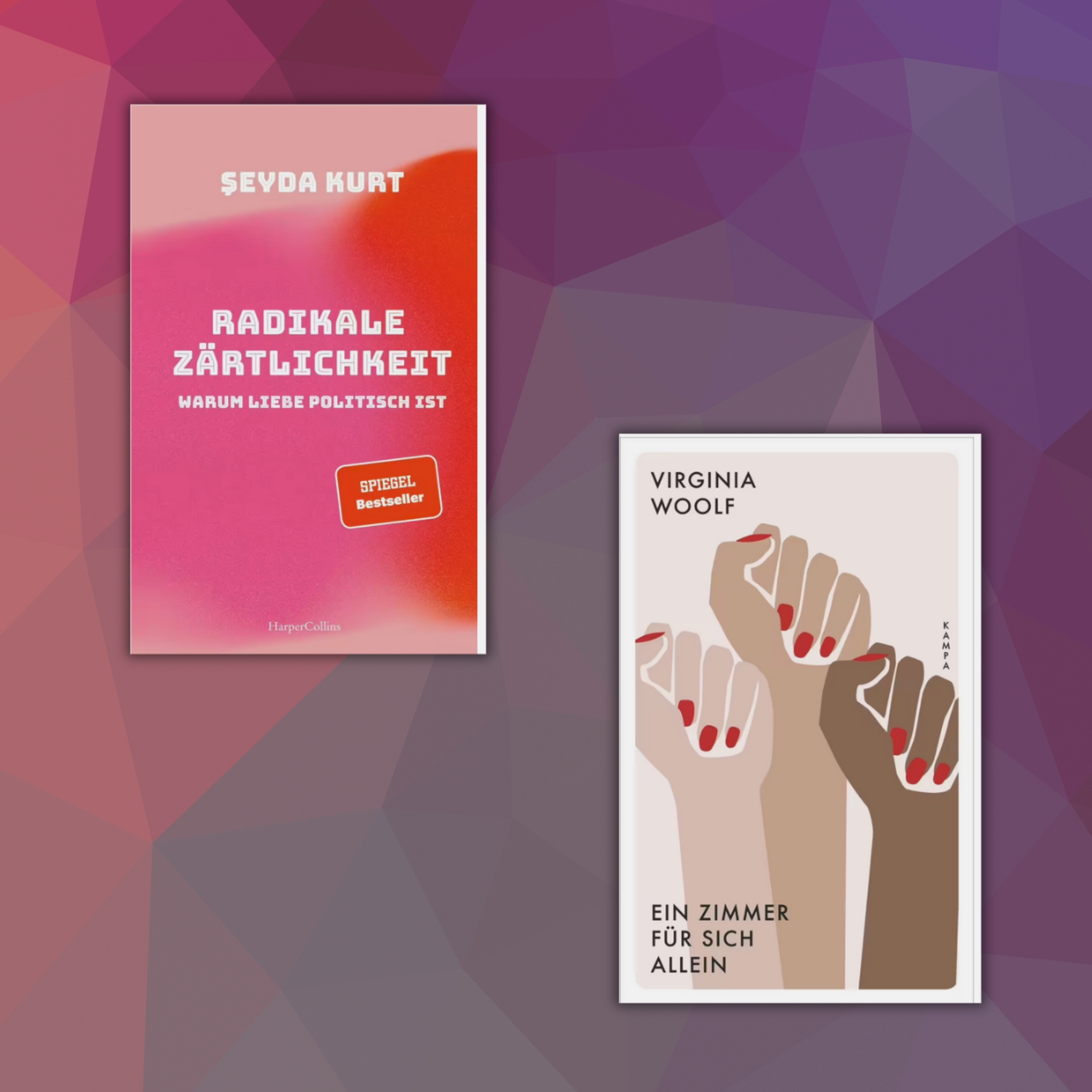 Link zur Kategorie feministische Buchempfehlungen: Zwei Buchcover vor einem geometrisch gemusterten Hintergrund. Links: „Radikale Zärtlichkeit. Warum Liebe politisch ist“ von Şevda Kurt in kräftigem Rosa- und Pinkverlauf mit weißer Schrift. Rechts: „Ein Zimmer für sich allein“ von Virginia Woolf mit illustrierten Händen und roten Fingernägeln auf hellem Grund.