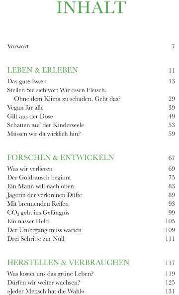 Inhaltsverzeichnis des Buchs »ZEIT GREEN«. Das Inhaltsverzeichnis ist in grüner Schrift auf weißem Hintergrund gedruckt und listet die Kapitel: Leben & Erleben, Forschen & Entwickeln, Herstellen & Verbrauchen.