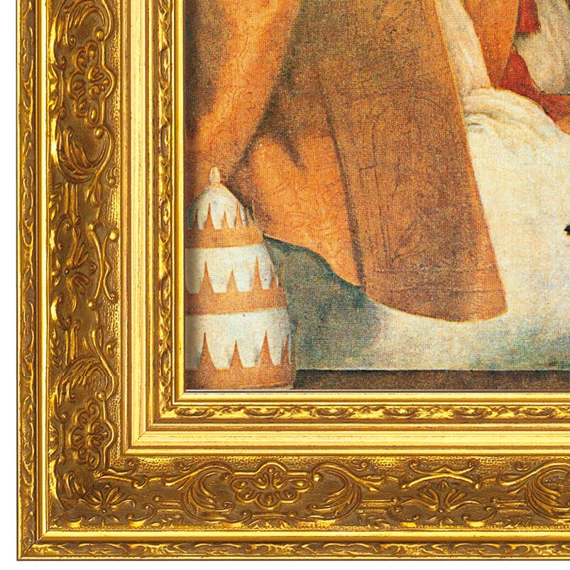 Das Bild zeigt die berühmte „Sixtinische Madonna“ von Raffaelo Santi als hochwertigen Kunstdruck auf Leinwand, meisterhaft gerahmt in einem goldenen, barocken Museumsrahmen mit feiner Blattmetall-Vergoldung. Die Komposition wirkt feierlich, detailliert und farbintensiv.