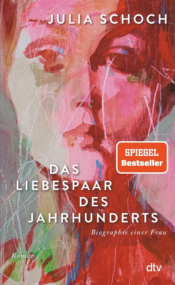 Buchcover von Julia Schochs 'Das Liebespaar des Jahrhunderts'. Das Cover zeigt ein abstraktes, mehrfarbiges Porträt mit dominierenden Rot-, Rosa- und Weißtönen. Oben steht der Name der Autorin, darunter der Titel des Buches und rechts ein rotes Spiegel Bestseller-Emblem.
