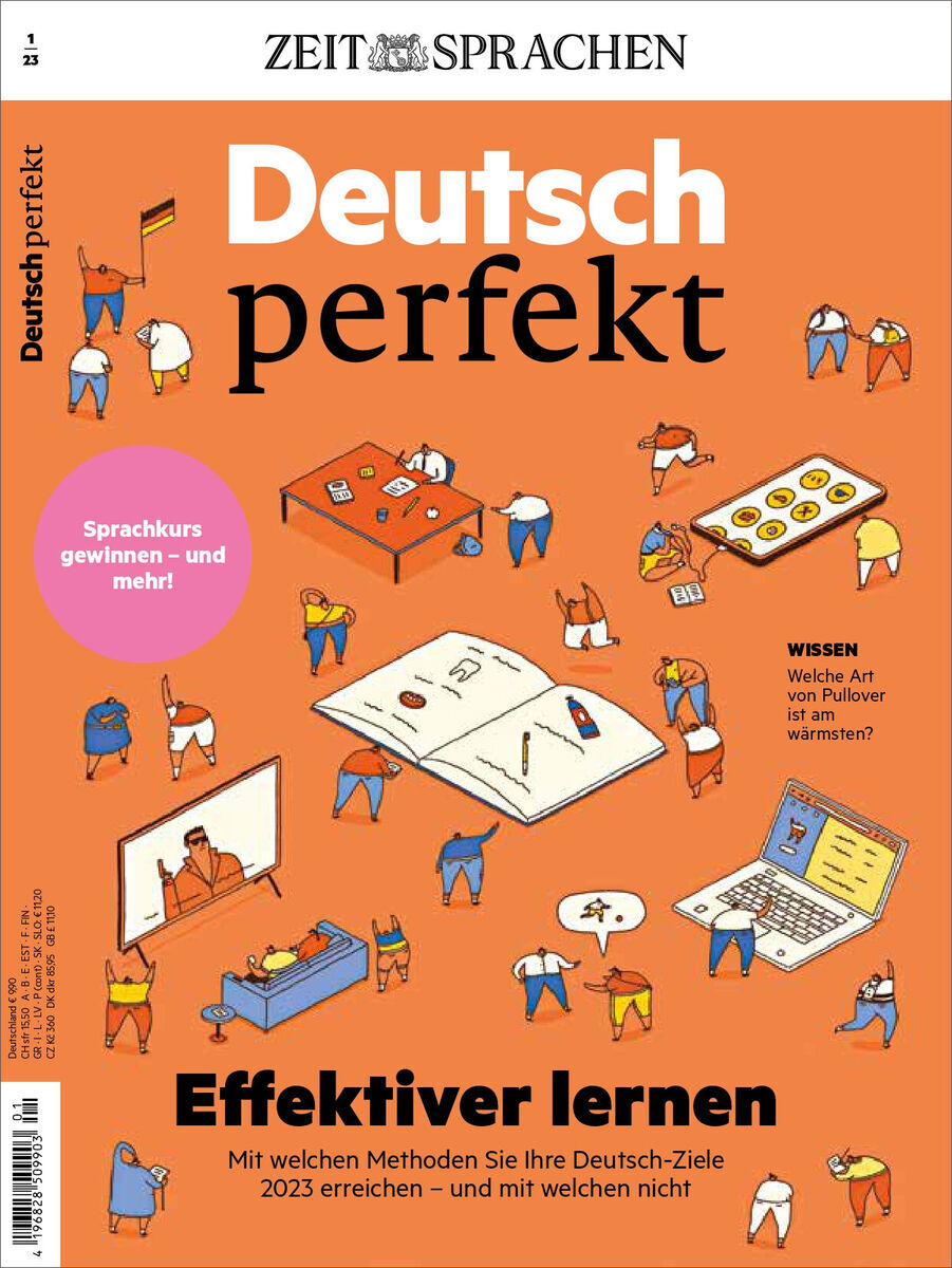 Cover der Deutsch perfekt Magazin-Ausgabe 01/2023. Hauptfarbton ist orange. Überschrift 'Effektiver lernen' und verschiedene Cartoon-Bilder, die Lernsituationen darstellen. Oben ist das Logo 'Zeit Sprachen' zu sehen.