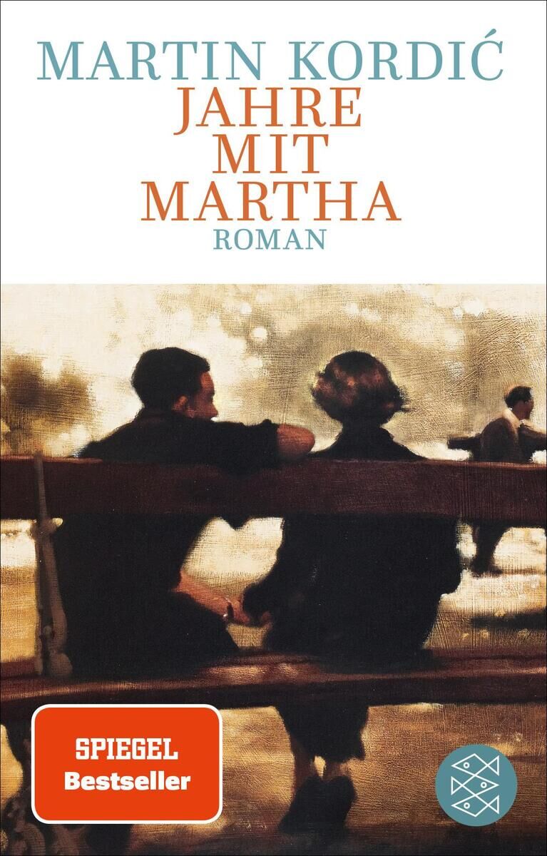 Das Buch 'Jahre mit Martha' von Martin Kordić zeigt auf dem Cover zwei sitzende Personen auf einer Bank, die scheinbar miteinander sprechen. Der Titel des Buches ist in großen, farbigen Buchstaben geschrieben. Unten links befindet sich ein Siegel mit der Aufschrift 'SPIEGEL Bestseller'.