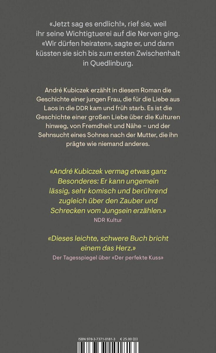Die Rückseite eines Buches mit dem Titel 'Nostalgia' von André Kubiczek. Es enthält Text, der Informationen über den Roman und einige Zitate von Literaturkritikern bietet. Der Hintergrund ist grau mit weißem und gelbem Text.
