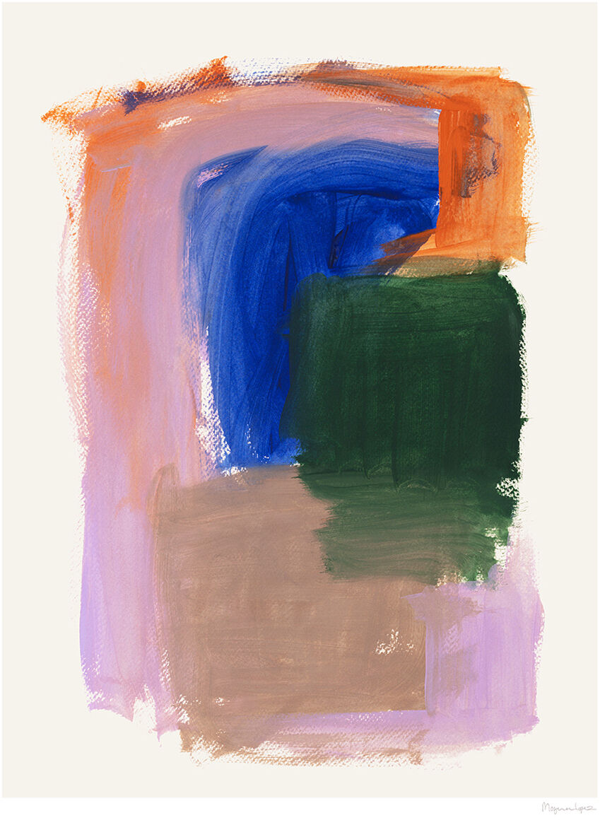 Abstraktes Kunstwerk von Berit Mogensen Lopez mit lebendigen Farben in Blau, Orange, Grün, Lila und Braun auf hellem Hintergrund.