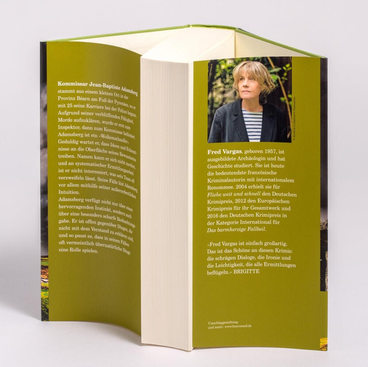 Das Bild zeigt das Buch 'Jenseits des Grabes' von Friedrich Vargas. Der Einband ist hauptsächlich grün, mit einem Foto des Autors auf der Rückseite und Text auf Vorder- und Rückseite. Das Buch steht aufgeklappt auf einem hellgrauen Hintergrund.