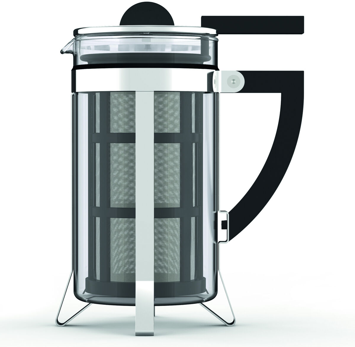Kaffeebereiter »LASZLO« im Bauhaus Stil, eine moderne französische Presse aus Edelstahl mit schwarzem Griff und weißen Akzenten.