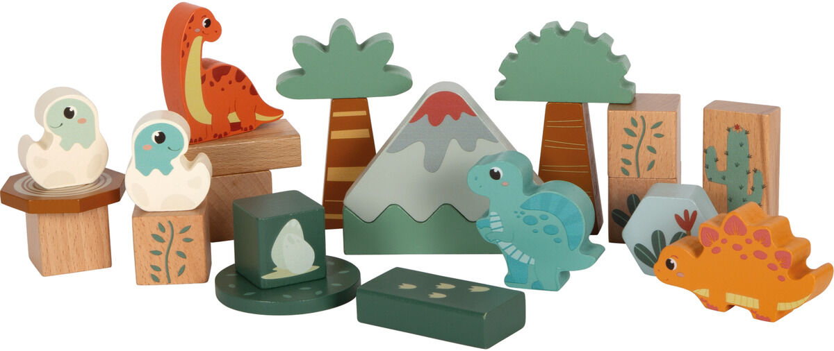 Holzbausteine-Set in Dinosaurier-Form, bestehend aus verschiedenen Holzfiguren wie Dinosauriern, Bäumen und Bergen in bunten Farben auf einem weißen Hintergrund. Geeignet für Kinder zum kreativen Spielen und Lernen.