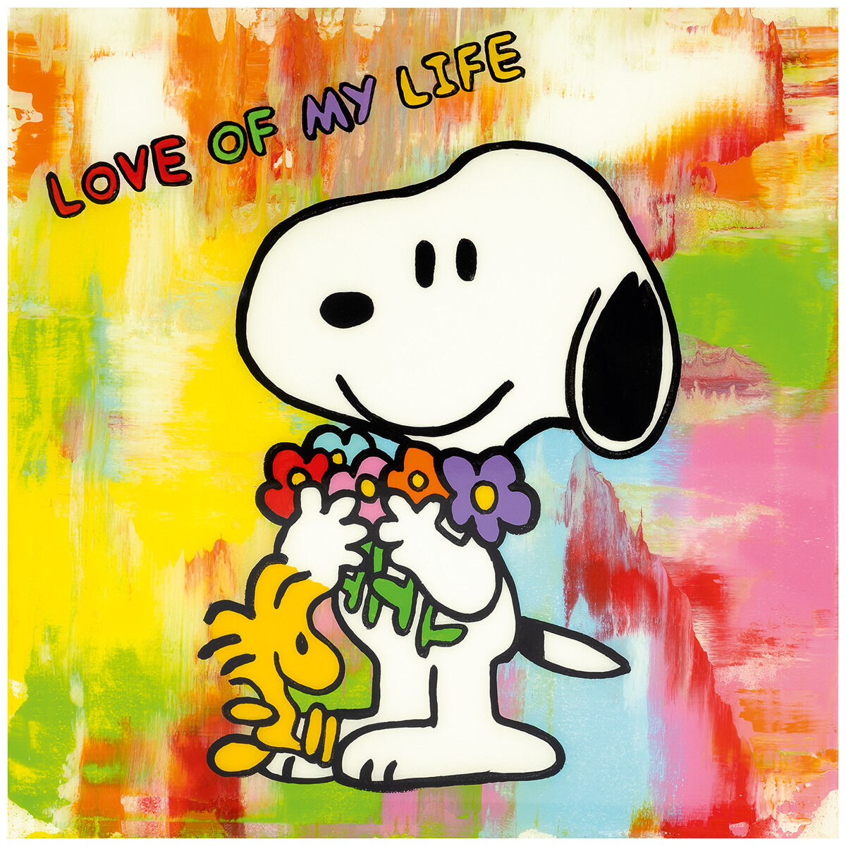 Der Kunstdruck »Love of my Life - Flowers« von Michael Pfannschmidt zeigt Snoopy und Woodstock in Comicstil mit Blumen, vor abstraktem, buntem Hintergrund. Oben steht der Text "Love of my Life". Die Szene strahlt Freundschaft und Liebe aus.