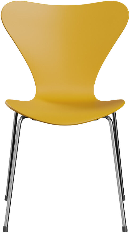 Der abgebildete Stuhl ist der "Serie 7", Edition Verner Panton, von Fritz Hansen in der Variante Yellow. Er besitzt eine elegant geschwungene Sitzschale aus gelbem, lackiertem Buchenfurnier und ein filigranes Gestell aus Chrom-Stahlrohr. Das Design ist minimalistisch modern.