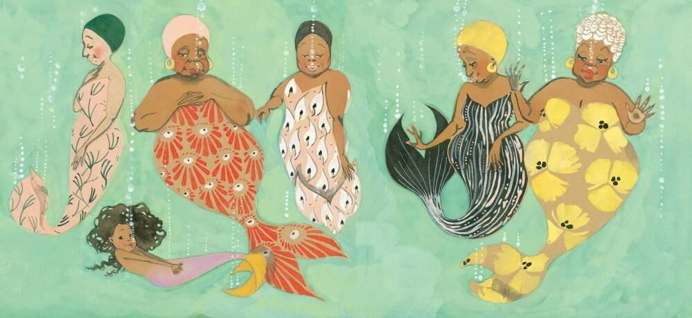 Eine Illustration zeigt mehrere Meerjungfrauen in verschiedenen bunten Kostümen in einem grünen Unterwasser-Hintergrund.