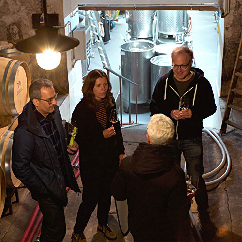 Vier Erwachsene stehen mit Weingläsern in einem rustikalen Weinkeller. Sie unterhalten sich angeregt. Im Hintergrund befinden sich große Edelstahltanks und Holzfässer, die den Keller industriell und behaglich wirken lassen. Von der Decke hängt eine helle Lampe.