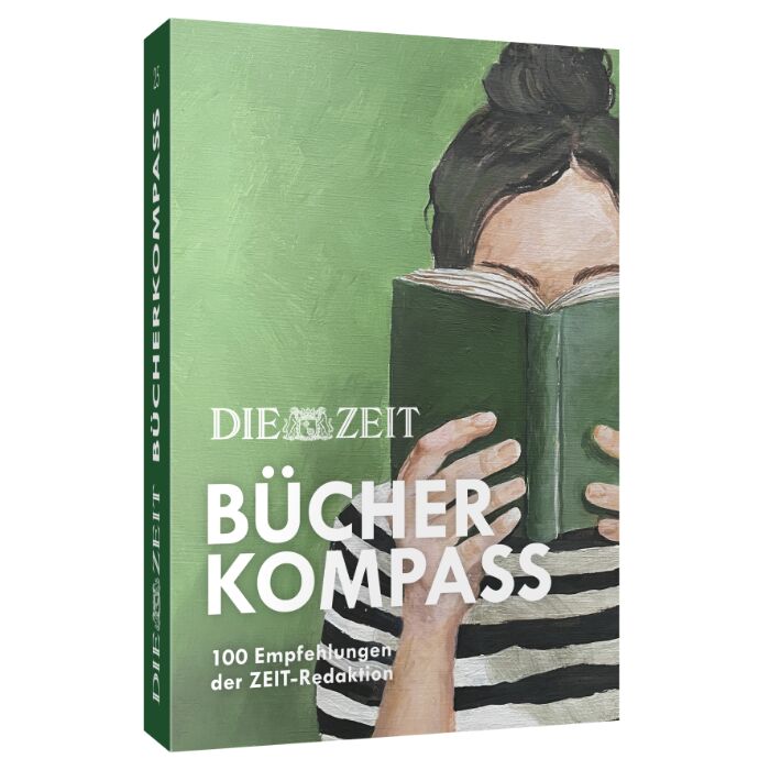 Das Buch „ZEIT-Edition »Bücherkompass«“ zeigt auf dem Cover eine künstlerische Illustration einer Person mit brünetten Haaren, die ein grünes Buch vor ihrem Gesicht hält. Die Person trägt ein gestreiftes Oberteil, der Hintergrund ist grün gehalten. Der Titel ist in weißen Großbuchstaben gestaltet.