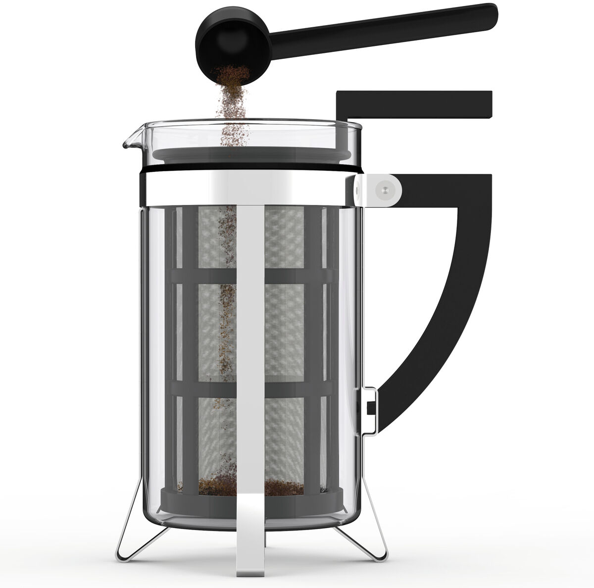 Kaffeebereiter »LASZLO« im Bauhaus Stil, French Press Design aus Stahl und Glas, auf weißem Hintergrund.