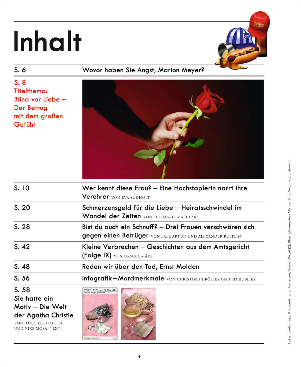 Cover des Magazins ZEIT VERBRECHEN 29/24 mit Schwerpunkt auf Kriminalfälle. Enthält eine rote Rose und Gummihandschuhe als Symbole. Es werden verschiedene Artikelüberschriften und Inhalte beschrieben.