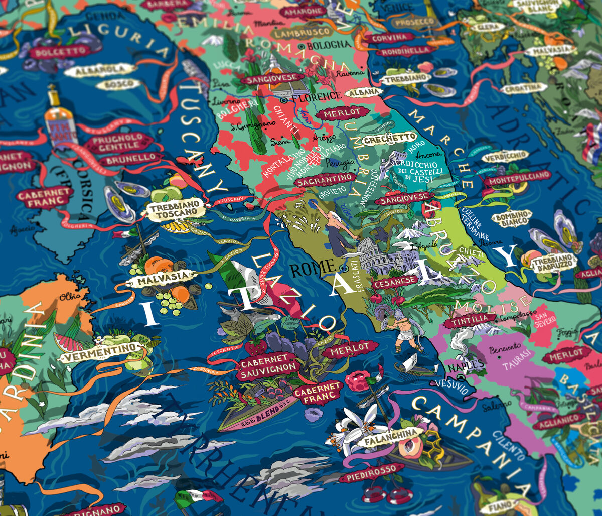 Das Bild zeigt ein Puzzle mit einer detaillierten und bunten Weinkarte von Italien. Die Karte illustriert verschiedene Weinregionen und Rebsorten mit farbenfrohen und klaren Beschriftungen. Sie ist in verschiedenen Blautönen für das Meer sowie in Rot-, Gelb- und Grüntönen für die unterschiedlichen Regionen gehalten. Rom und andere Städte sind deutlich erkennbar.