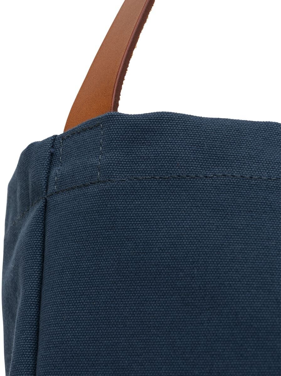 Eine stilvolle und nachhaltige Markttasche in Dunkelblau mit braunen Ledergriffen. Perfekt für den täglichen Gebrauch und als umweltfreundliche Einkaufstasche geeignet.