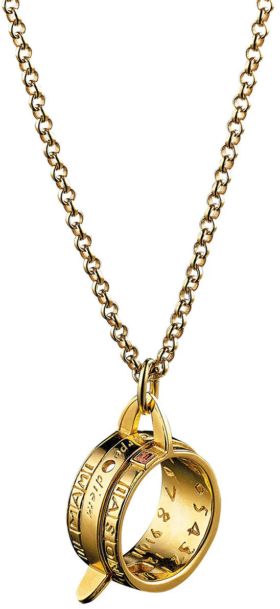 Detailreiche Collierkette mit Anhänger in Form einer historischen Ringsonnenuhr nach Regiomontanus, aus 925er Sterlingsilber vergoldet mit 24 Karat, eingefasster roter Granat, sichtbare Gravuren auf dem Ring, Kette aus runden Gliedern, hochwertig verarbeitet.