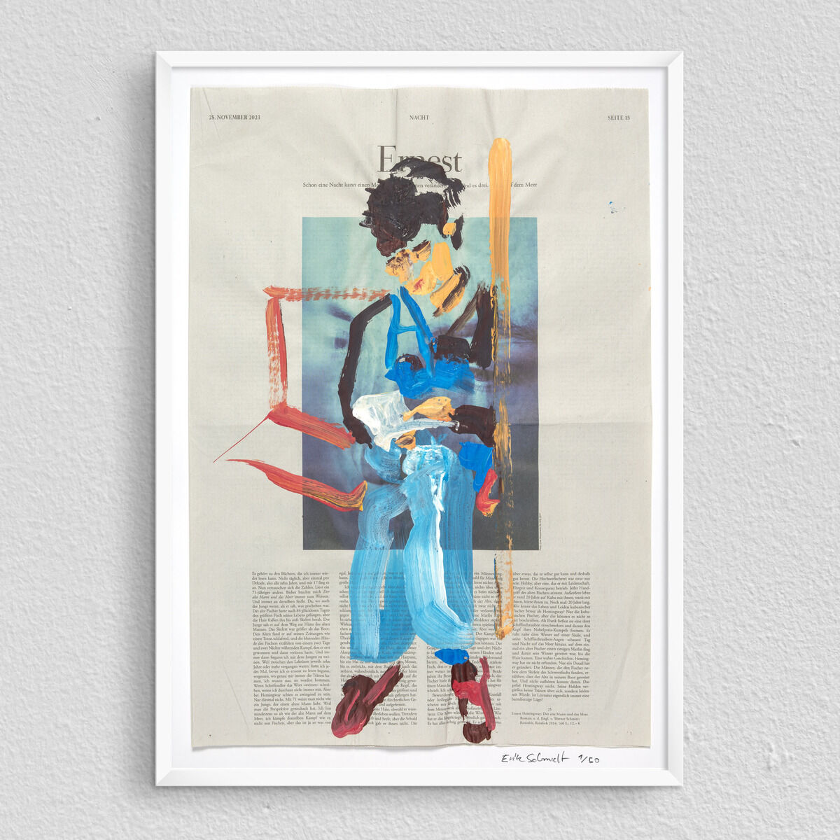 Poster mit moderner Kunst. Ein Mann in einem stilisierten Porträt mit kräftigen Farben gehalten. Weiss gerahmt und an einer hellgrauen Wand aufgehängt. Illustration kombiniert mit Text und kreativen Farbflächen.