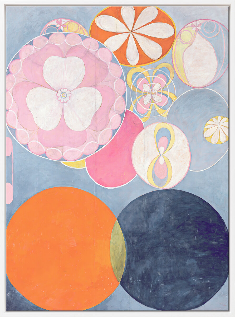 Abstraktes Gemälde von Hilma af Klint aus dem Jahr 1907, mit dominierenden Kreisen und Blumenmustern in Blau-, Rosa- und Orangetönen.