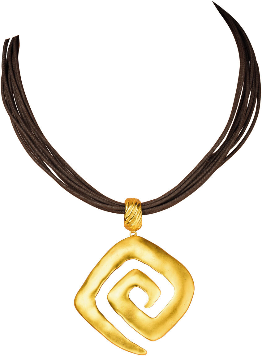 Goldene Halskette mit spiralförmigem Anhänger an einem schwarzen Lederband.