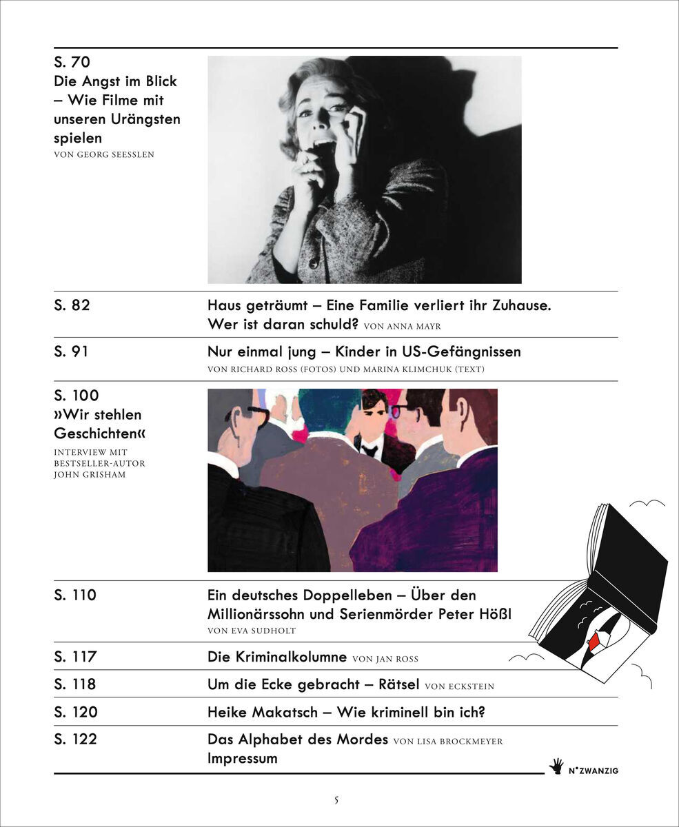 Eine Seite des Magazins ZEIT VERBRECHEN 20/23. Die Seite zeigt verschiedene Artikel, darunter Themen wie Kriminalfilme, Familientragödien, Kinder in US-Gefängnissen und Doppelgänger-Verbrechen. Eine Schwarz-Weiß-Abbildung eines Mannes, der raucht, befindet sich in der linken oberen Ecke. Rechts unten ist eine gezeichnete Büchersammlung mit einer Lupe zu sehen.