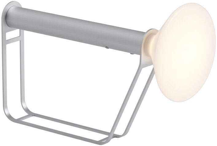 Bild einer tragbaren Lampe namens »Piton« mit einem minimalistischen Design in Weiß und Silber. Die Lampe hat eine runde, leuchtende Oberfläche und einen stabilen Griff für einfachen Transport, ideal für den modernen Wohnstil.