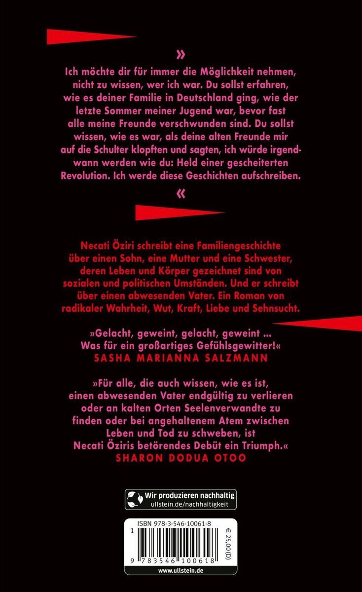 Buchcover von 'Öziri, Necati: Vatermal'. Schwarzer Hintergrund mit roten und weißen Texten. Oben und unten auf dem Cover befinden sich Zitate. In der Mitte ist eine Beschreibung des Buches und unten der Strichcode und Verlagsinformationen.