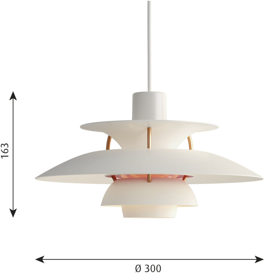 Weiße Pendelleuchte »PH5 Mini Modern« mit einem minimalistischen Design und rot Akzenten. Ideal für moderne Innenräume.