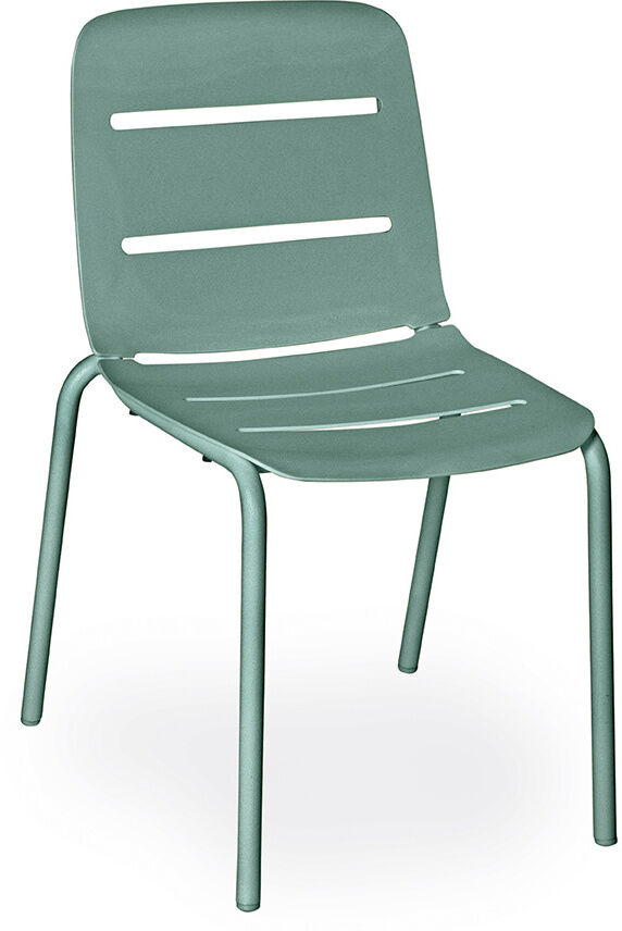 Grüner, moderner Stuhl VAPIO aus Metall mit schlichten und ergonomischen Linien. Der Stuhl hat ein minimalistisches Design und eignet sich sowohl für den Innen- als auch den Außenbereich.
