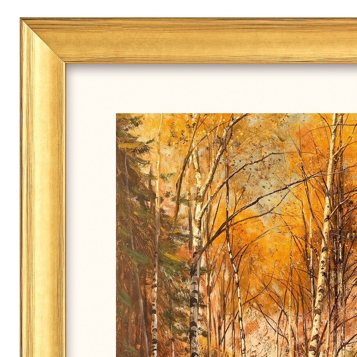 Detail eines gerahmten Kunstdrucks: Zu sehen ist ein herbstlicher Birkenwald im warmen Licht, in dem gelbe, goldene und bräunliche Blätter dominieren. Fein strukturierte Birkenstämme stehen dicht beieinander, eingerahmt mit einem breiten, goldglänzenden Holzrahmen.