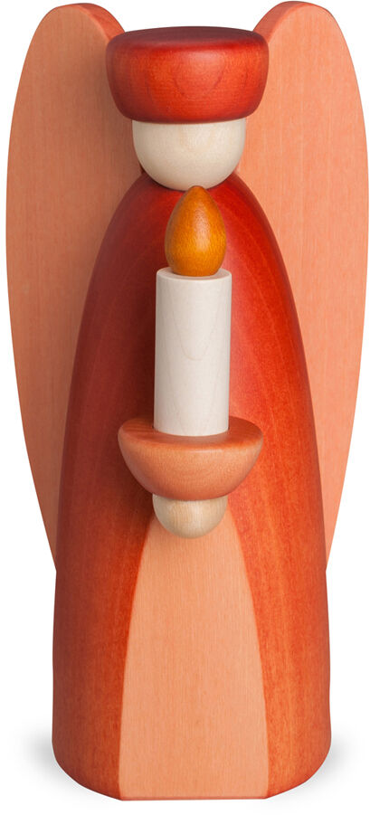 Auf weißem Hintergrund steht eine handgefertigte Holzfigur namens „Lichterengel“ von Björn Köhler. Der Engel ist in Rot und Orangetönen gehalten, trägt einen runden Hut und hält eine Kerze vor sich. Die Figur hat eine stilisierte, reduzierte Gestaltung.