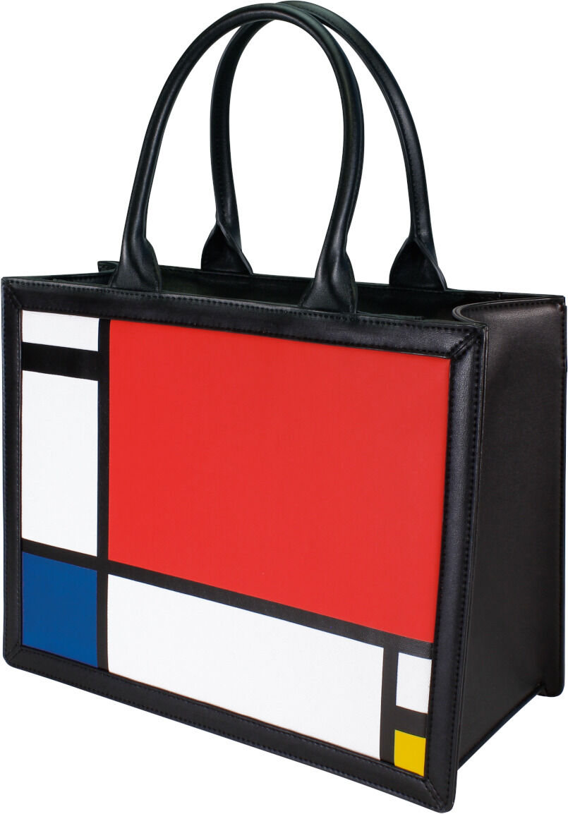 Eine elegante Handtasche im Stil von Piet Mondrians 'Composition II'. Die Tasche zeigt geometrische Formen in Schwarz, Rot, Blau, Gelb und Weiß. Sie hat zwei Tragegriffe und eine rechteckige Form, mit einem klaren, modernen Design, das an die Werke des Künstlers erinnert.