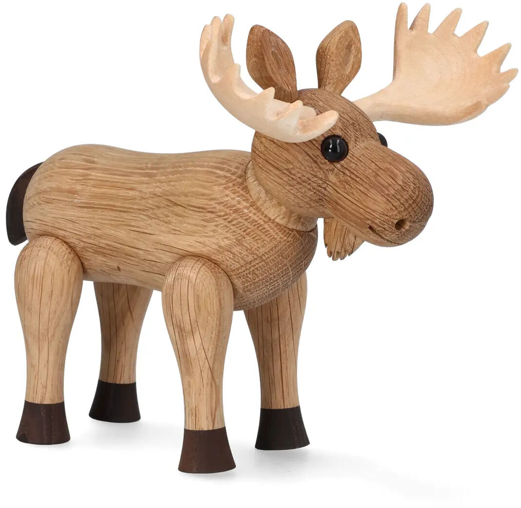 Die Holzfigur »Hirsch Harald« der Marke Spring Copenhagen ist detailreich aus hellem und dunklem Holz gefertigt. Sie zeigt einen stilisierten Hirsch mit großen Geweihen, vier Beinen und schwarzer Schwanzspitze. Das Design wirkt modern und skandinavisch.