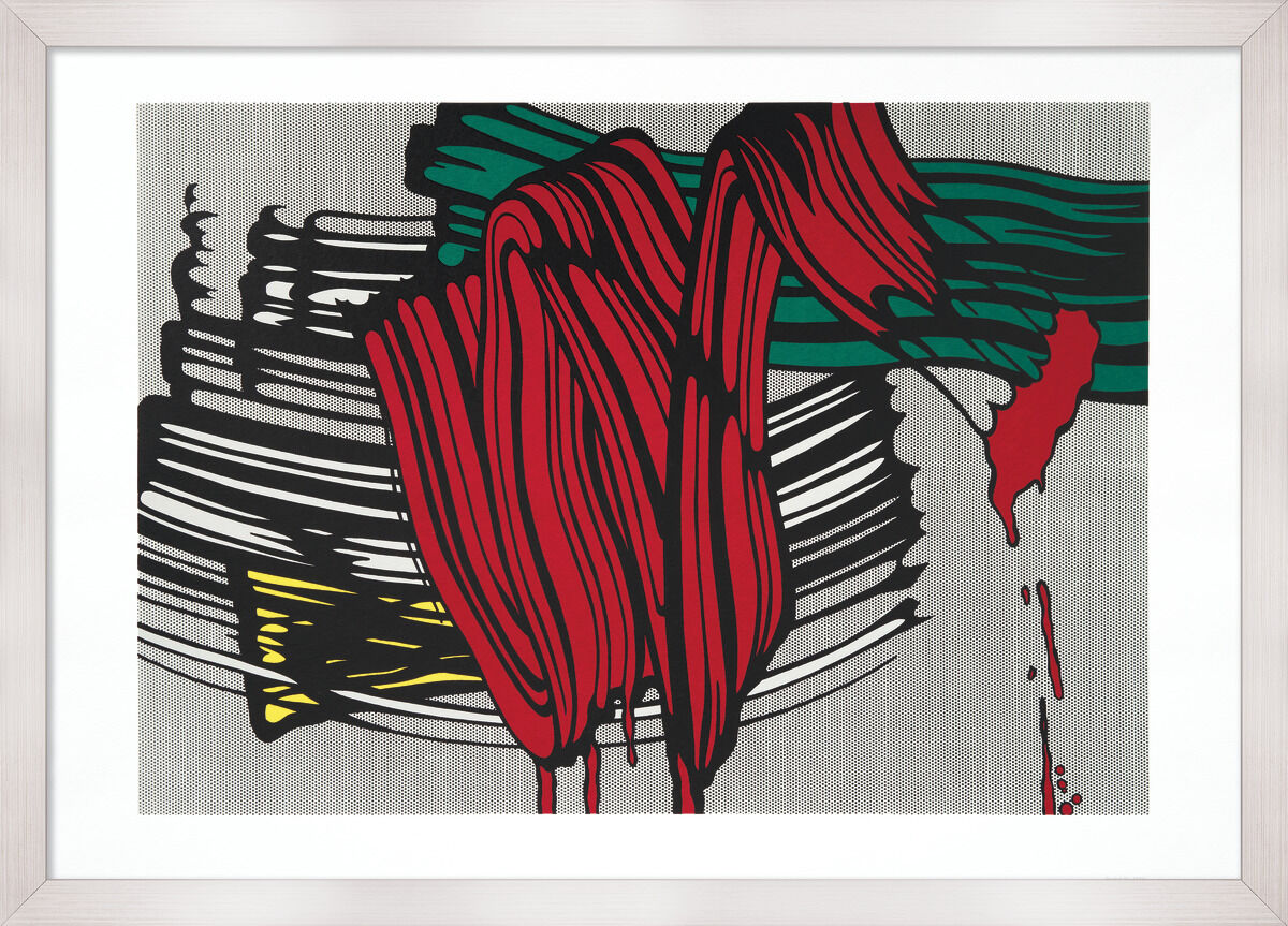 Gerahmter Kunstdruck von Roy Lichtenstein mit dem Titel 'Big Painting No. 6' aus dem Jahr 1965. Das Bild zeigt expressive, abstrakte Pinselstriche in Rot, Grün, Schwarz und Gelb auf grauem Hintergrund. Die Linien wirken dynamisch und großzügig, typisch für die Pop-Art-Bewegung der 1960er Jahre.