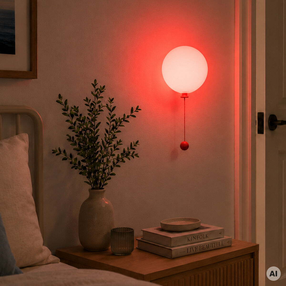 Im Bild ist die Leuchte »Mimo Ballon« von Gingko Design Ltd in der Farbe coral bloom an einer Schlafzimmerwand zu sehen. Die Lampe leuchtet in warmem Rot. Darunter steht ein Nachttisch mit Büchern, Vase, Pflanze und Kerze neben einem gemütlichen Bett.