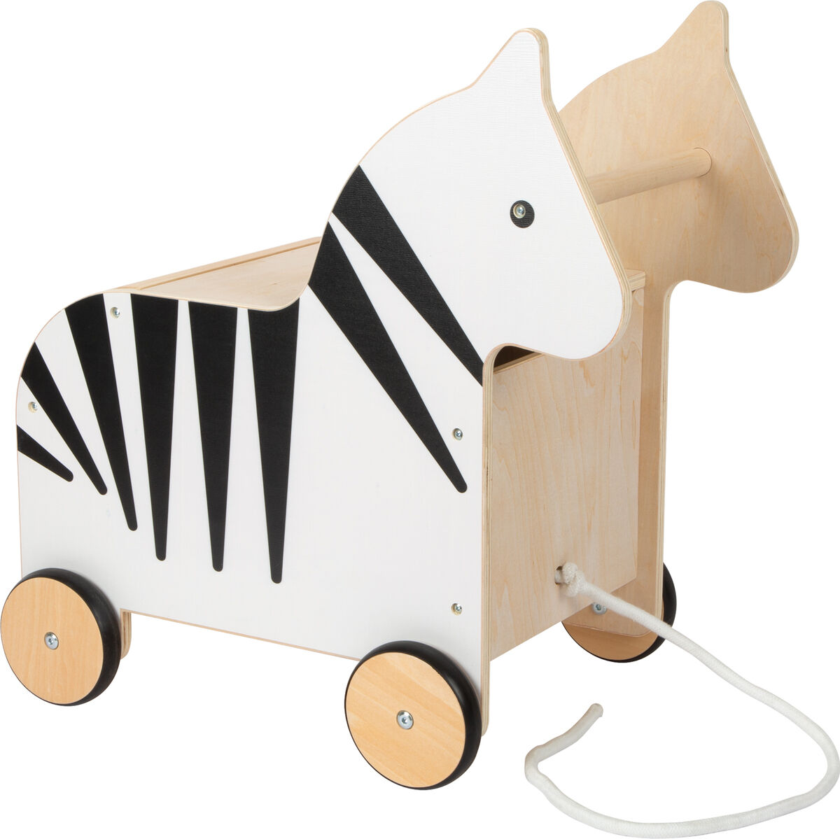 Spielzeugkiste in Form eines Zebras auf Rollen. Die Kiste besteht aus Holz und hat schwarz-weiße Streifen. Eine weiße Schnur ist an der Vorderseite befestigt.