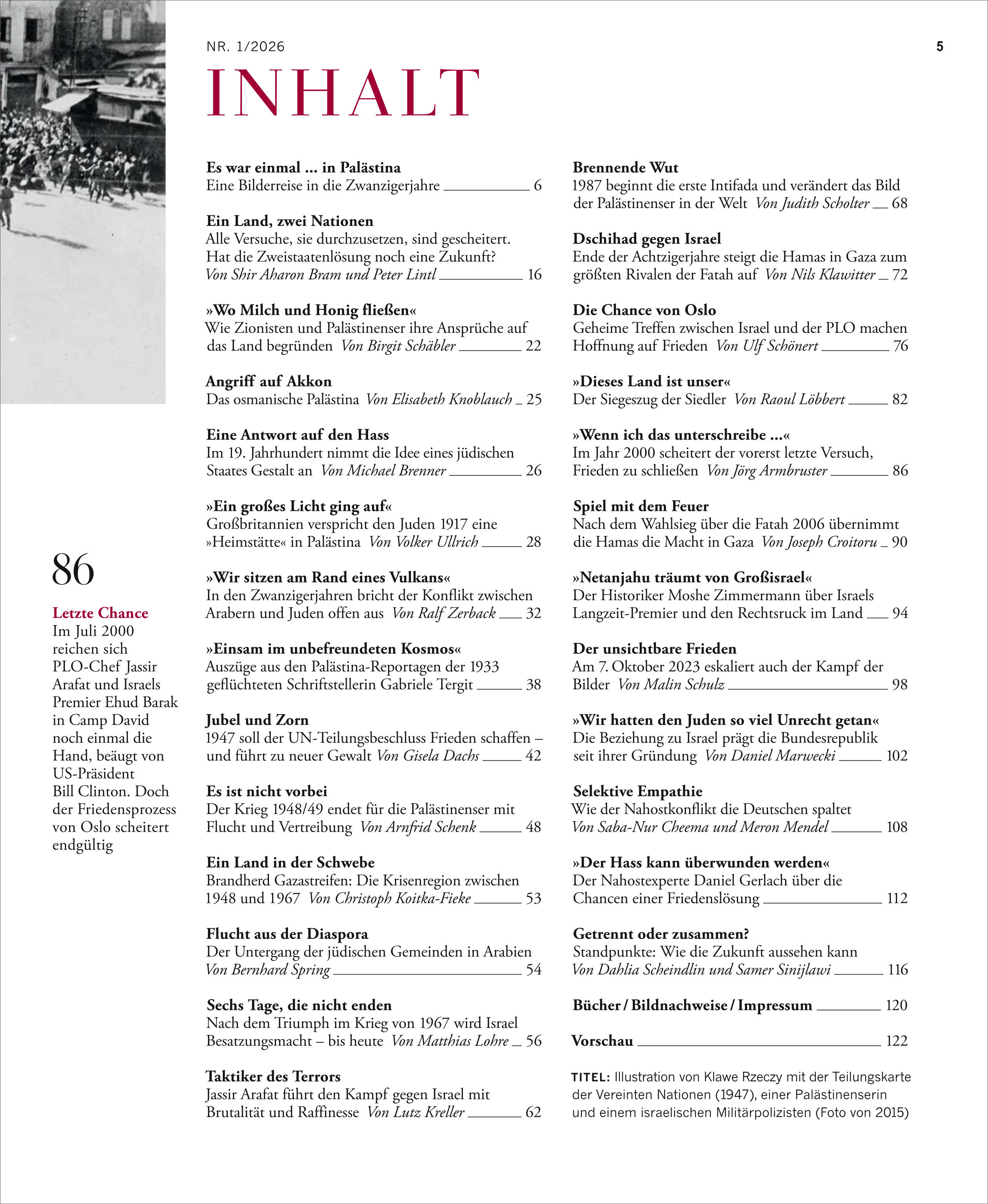 Detailreiche Aufnahme einer Inhaltsverzeichnis-Seite aus dem Magazin "ZEIT GESCHICHTE 1/26 Israel und Palästina". Rote Überschrift "INHALT", darunter strukturierte Auflistung von Artikeln mit Themenschwerpunkten rund um den Konflikt Israel und Palästina. Rechts oben die Seitenzahl 5, links ein schwarz-weiß Foto mit Menschenmenge.