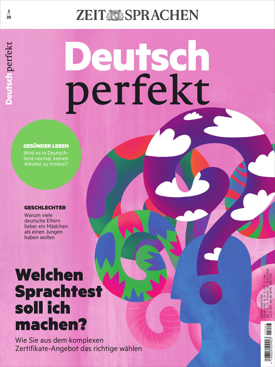 Cover von 'Deutsch perfekt Magazin' Ausgabe 3/2025. Bunte und abstrahierte Illustration eines Kopfes mit Sprechblasen. Themen wie 'Welchen Sprachtest soll ich machen?' und 'Gesünder leben in Deutschland' sind hervorgehoben.