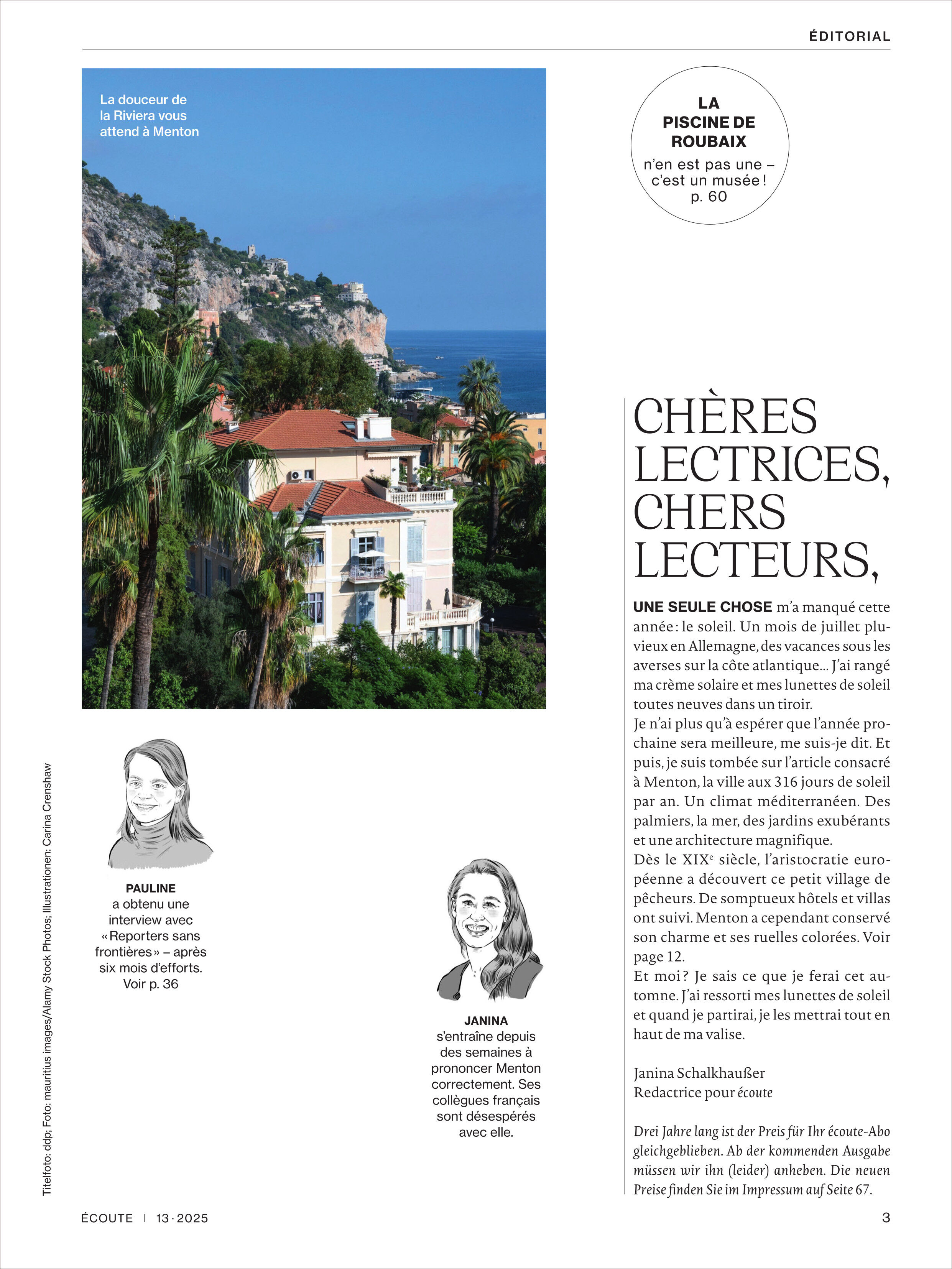 Titelblatt des Magazins 'Écoute 13/2025' mit einer farbenfrohen Küstenlandschaft mit Palmen, Bergen und Gebäuden sowie einem Editorial-Text und Porträts zweier Redakteurinnen.